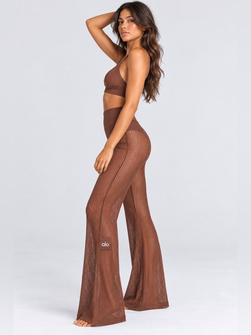 NWT ALO Yoga Striped Mesh Tropical Nights Flare Pants Chestnut W51399R